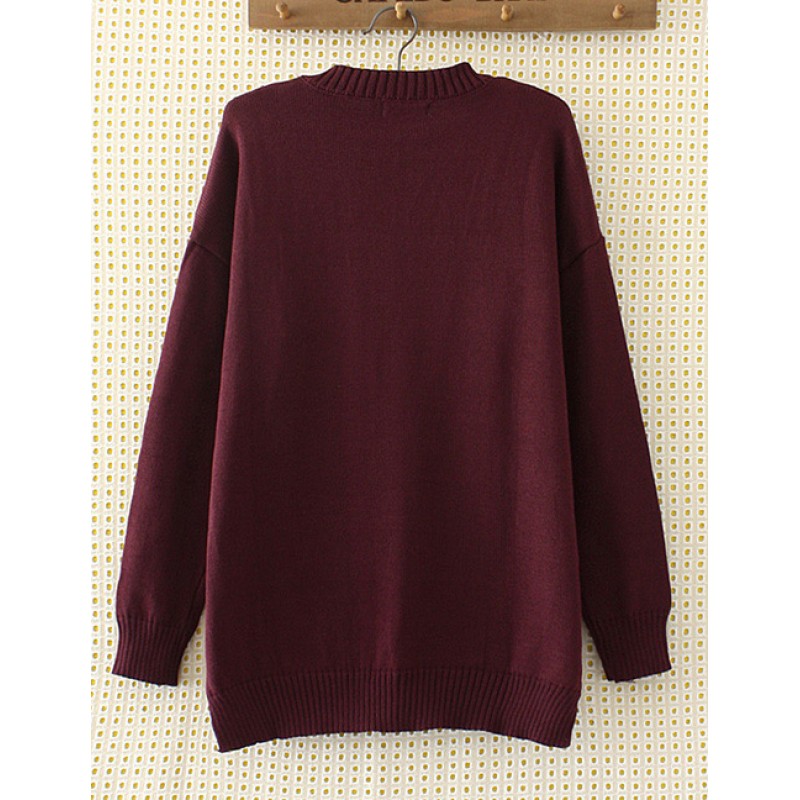 Elegant Claret-red Pure Color Decorated Sweater