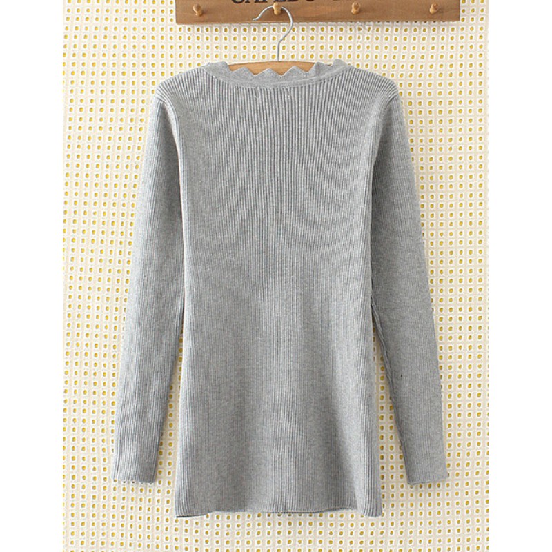 Elegant Gray Pure Color Decorated Sweater