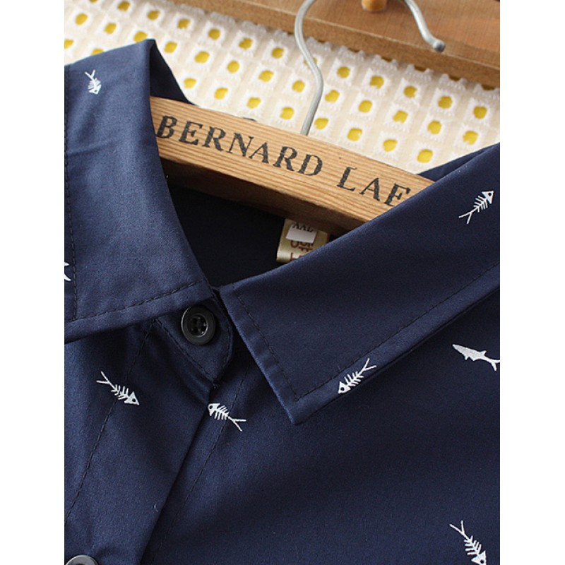 Elegant Navy Fish Shape Decorated Shirt