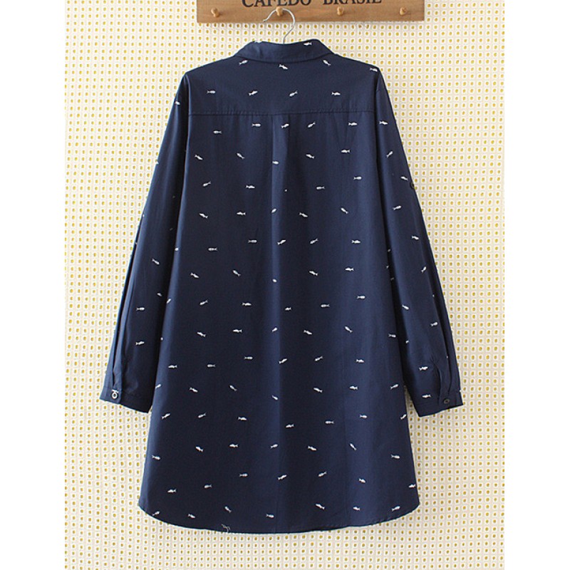 Elegant Navy Fish Shape Decorated Shirt