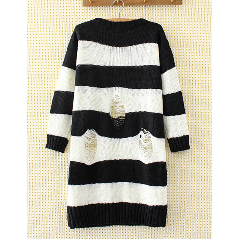 Personality White+black Hole Decorated Round Neckline Sweater