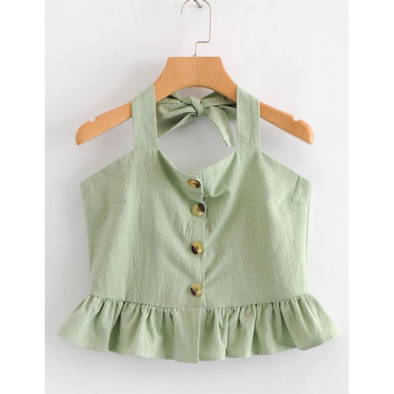 Fashion Light Green Buttons Decorated Pure Color Blouse