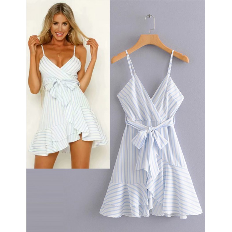 Fashion White Stripe Pattern Design V Neckline Dress