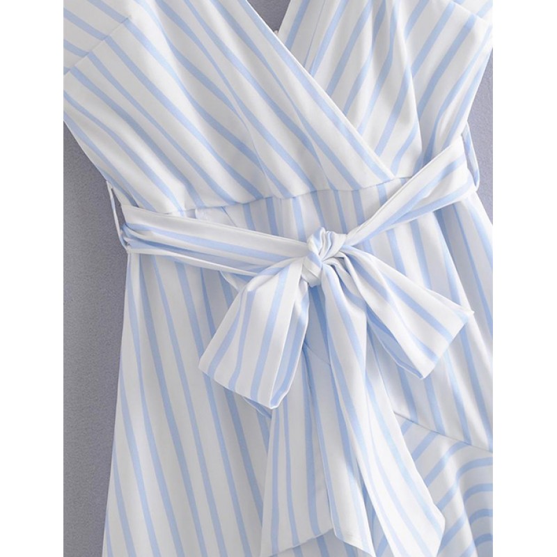 Fashion White Stripe Pattern Design V Neckline Dress