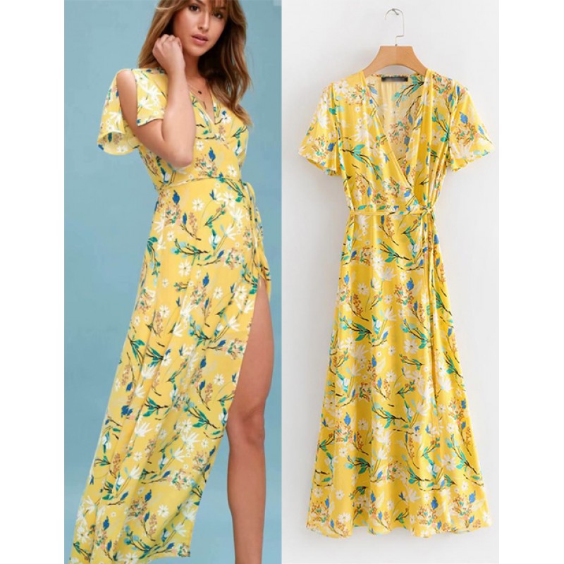 Fashion Yellow Flowers Decorated V Neckline Dress