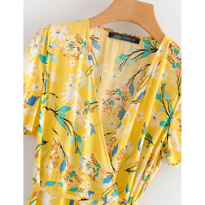 Fashion Yellow Flowers Decorated V Neckline Dress