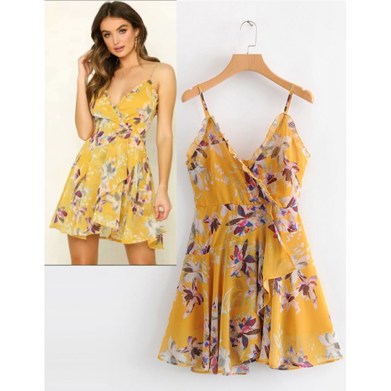 Fashion Yellow Flowers Decorated Suspender Dress