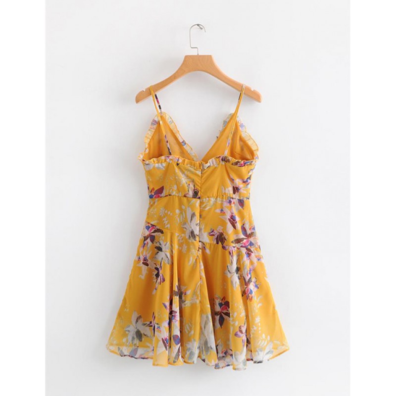 Fashion Yellow Flowers Decorated Suspender Dress