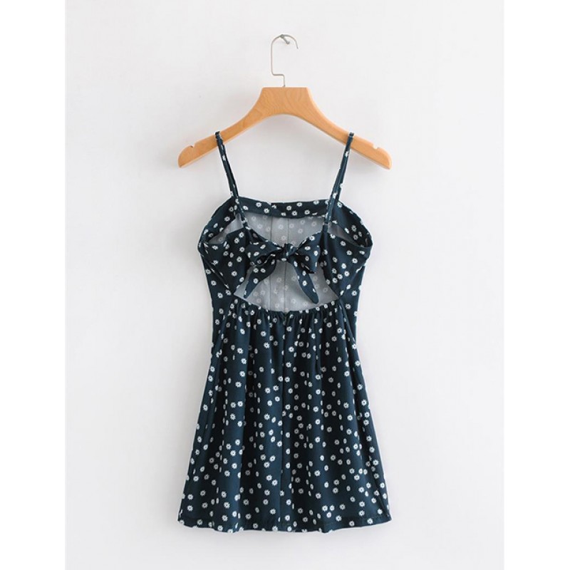 Fashion Navy Flowers Decorated Suspender Dress