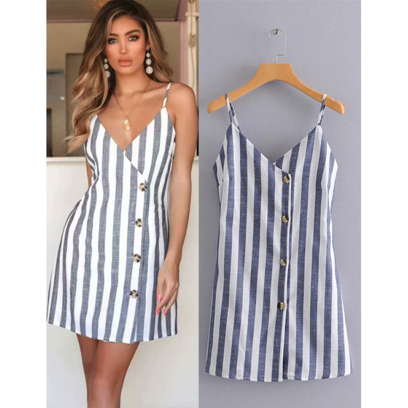 Fashion Blue Stripe Pattern Decorated Suspender Dress