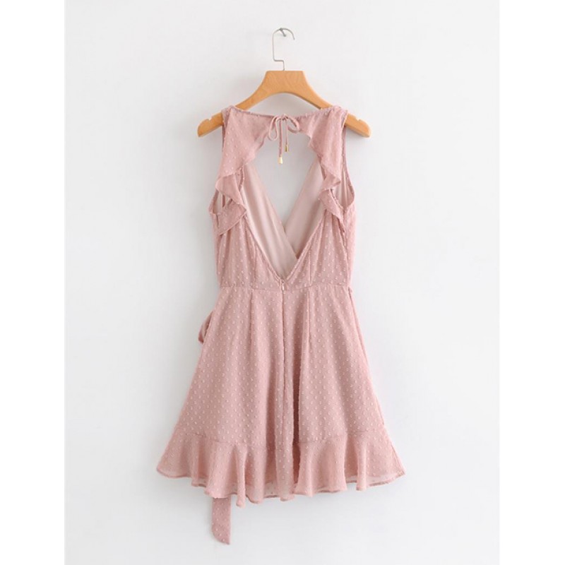 Fashion Pink V Neckline Design Pure Color Dress