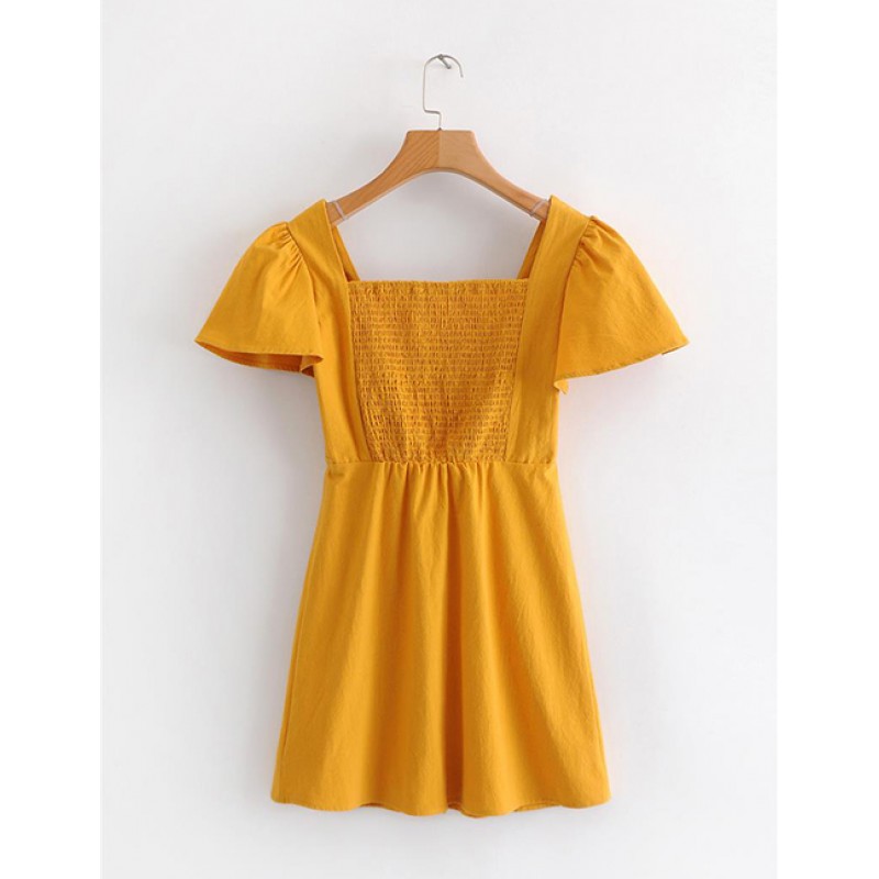 Fashion Yellow Buttons Decorated Pure Color Dress