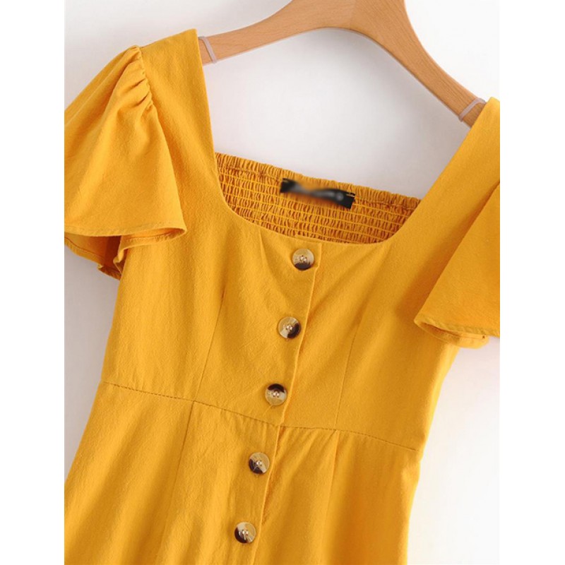 Fashion Yellow Buttons Decorated Pure Color Dress