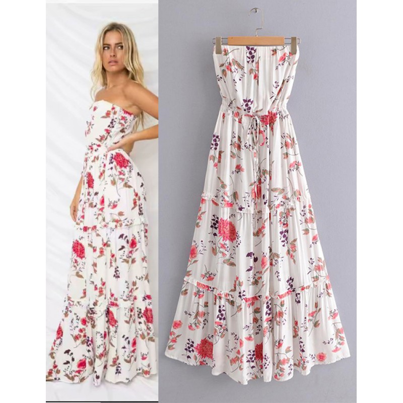 Fashion White Flowers Pattern Decorated Strapless Dress