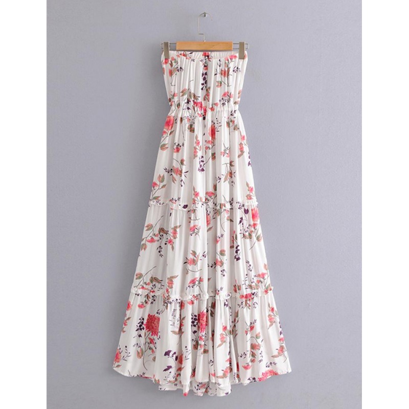 Fashion White Flowers Pattern Decorated Strapless Dress