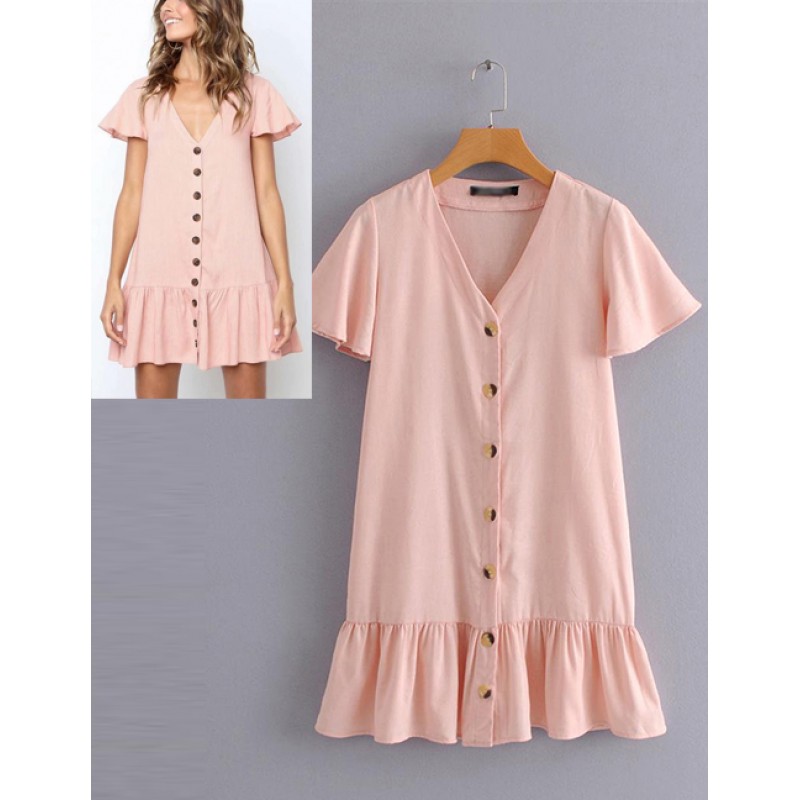 Fashion Pink Pure Color Design V Neckline Dress