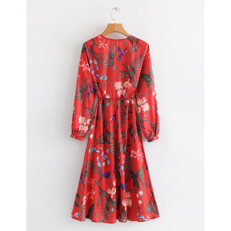 Fashion Red V Neckline Design Long Sleeves Dress