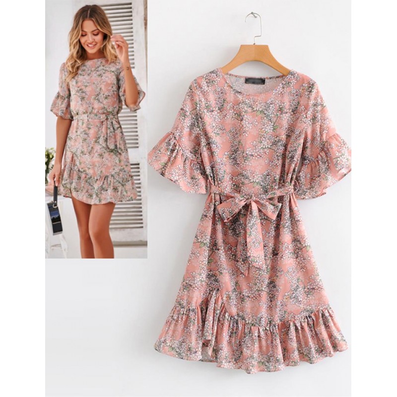 Fashion Pink Flowers Pattern Decorated Dress