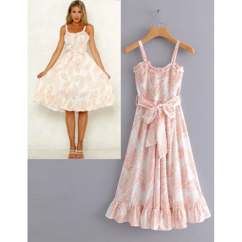 Fashion Pink Leaf Pattern Decorated Suspender Dress