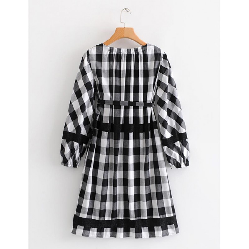 Fashion Black Grid Pattern Decorated Long Sleeves Dress