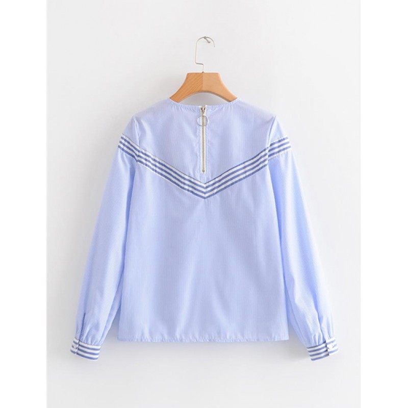 Fashion Blue Stripe Pattern Decorated Blouse