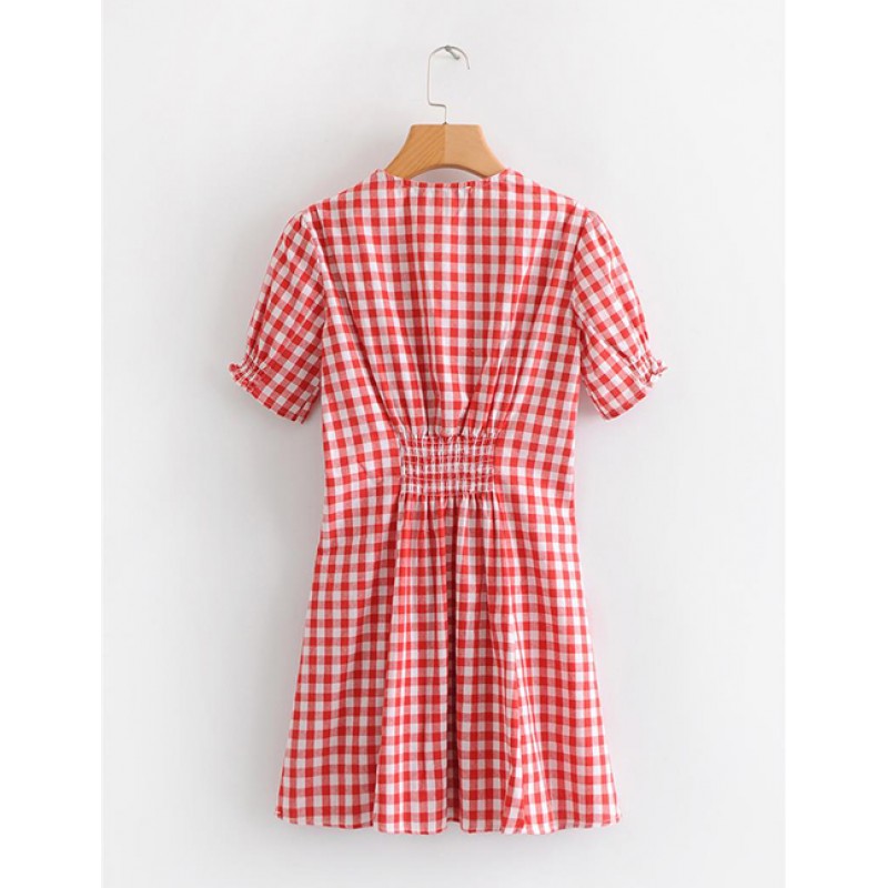 Fashion Red V Neckline Design Short Sleeves Dress