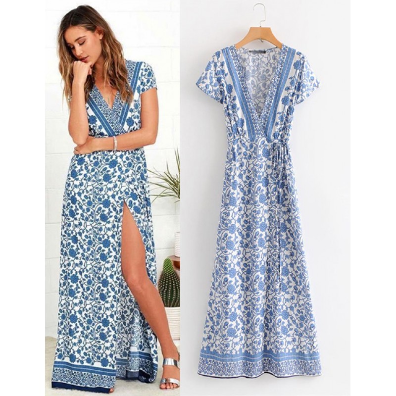 Fashion Blue Flowers Decorated V Neckline Dress