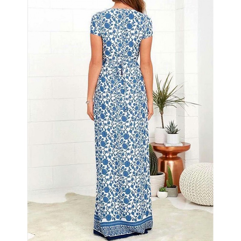 Fashion Blue Flowers Decorated V Neckline Dress