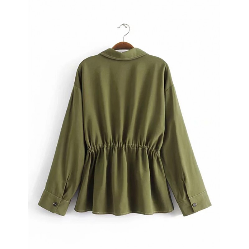 Fashion Olive V Neckline Design Pure Color Coat