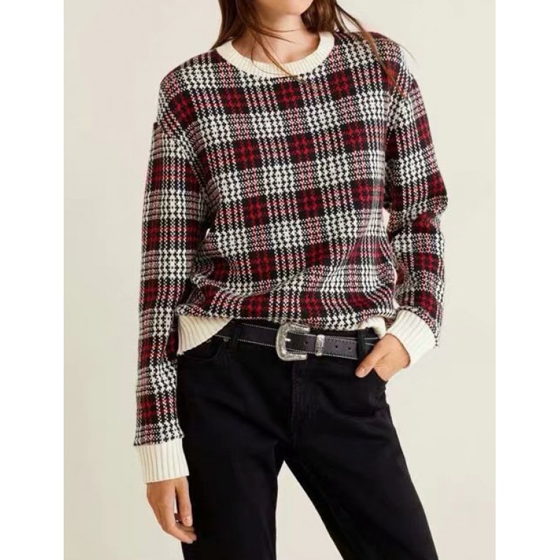 Fashion Red Grid Pattern Decorated Sweater