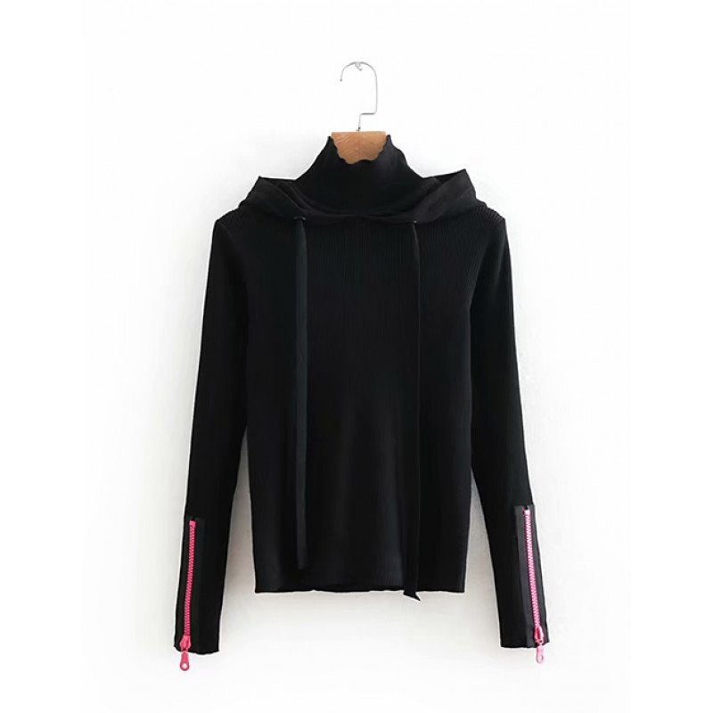 Fashion Black Pure Color Decorated Sweatshirt