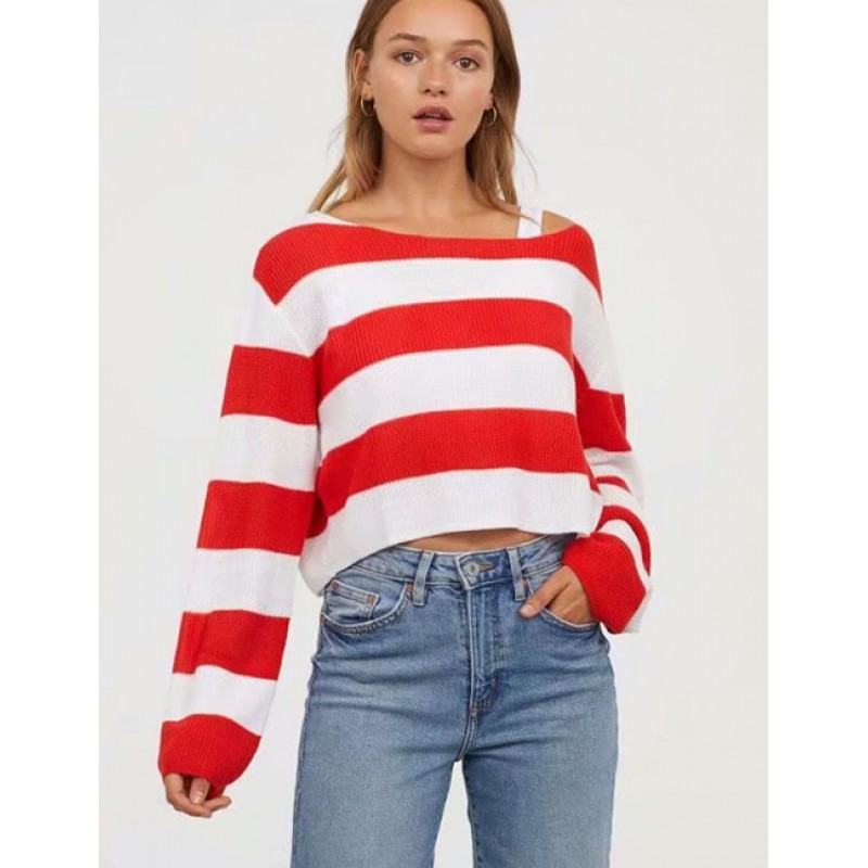 Fashion Red Stripe Pattern Decorated Sweater