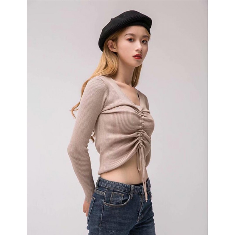 Fashion Black V Neckline Design Pure Color Sweater