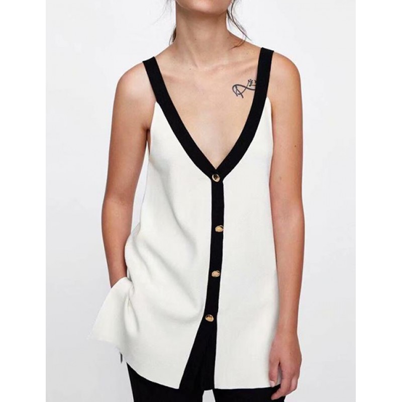 Fashion White V Neckline Design Pure Color Vest