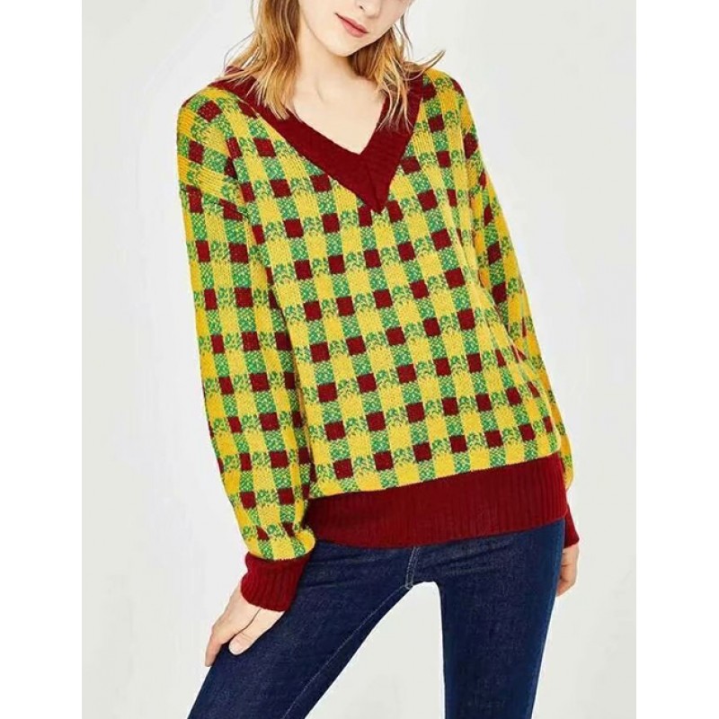 Fashion Multi-color V Neckline Design Sweater