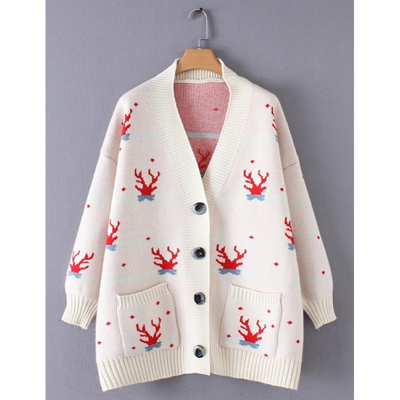 Fashion Red Deer Head Pattern Decorated Coat