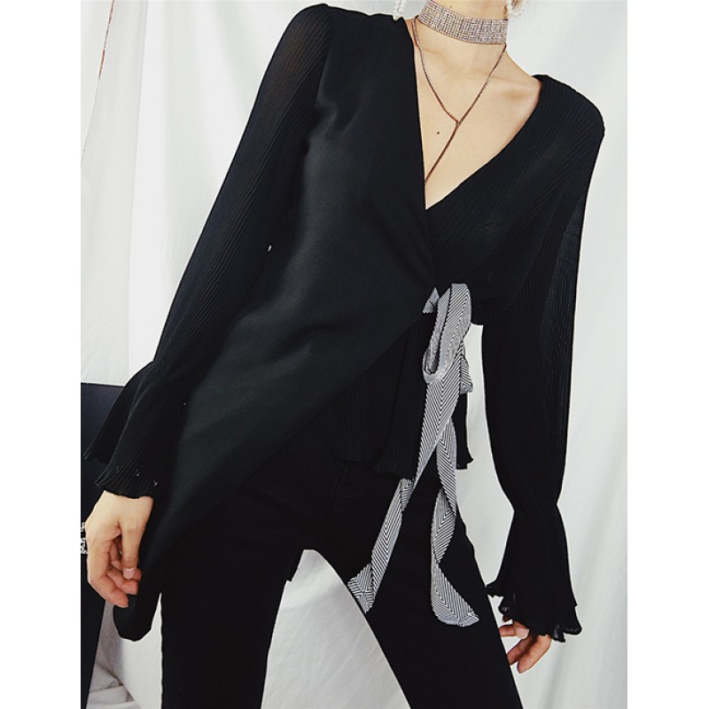 Fashion Black V Neckline Design Pure Color Coat