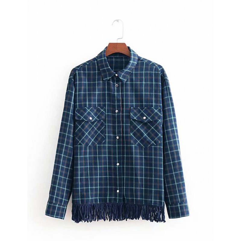 Fashion Navy Grid Pattern Decorated Simple Shirt