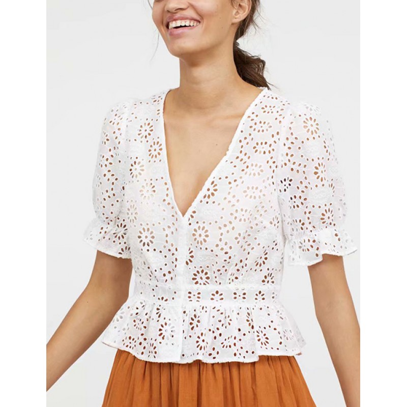 Fashion White V Neckline Design Hollow Out Blouse