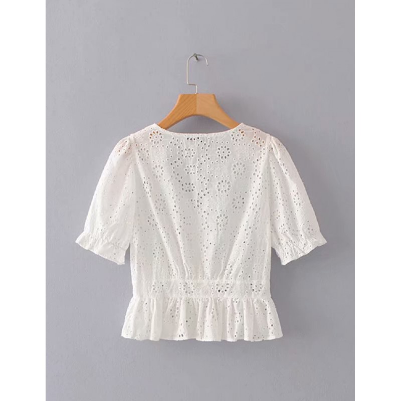 Fashion White V Neckline Design Hollow Out Blouse