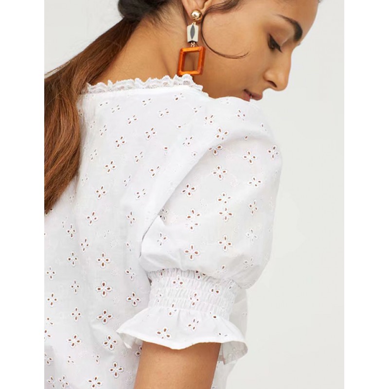 Fashion White V Neckline Design Hollow Out Blouse