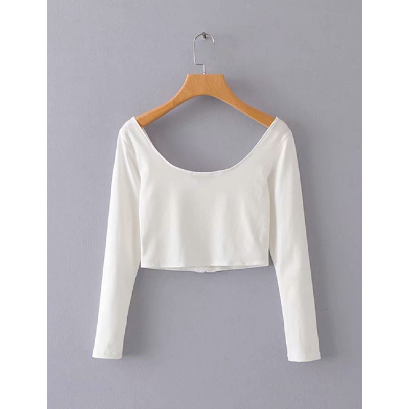 Fashion White Round Neckline Design Pure Color Blouse