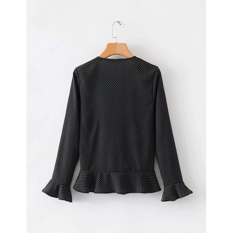 Fashion Black Dots Pattern Decorated V Neckline Blouse