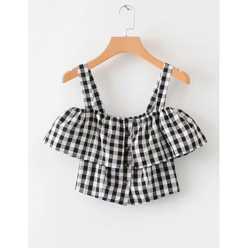 Fashion Black Grid Pattern Decorated Suspender Shirt