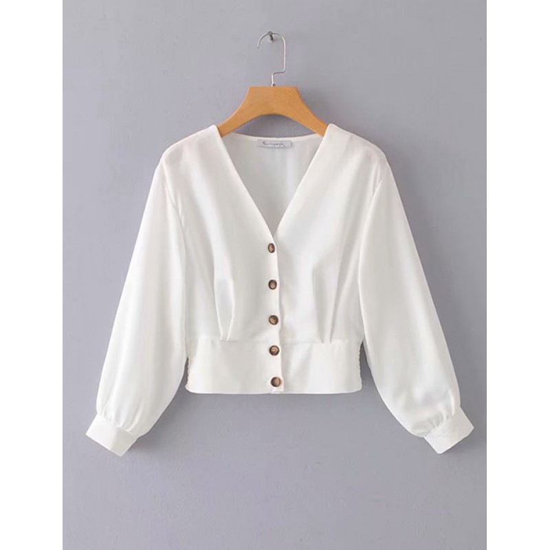 Fashion White V Neckline Design Pure Color Shirt