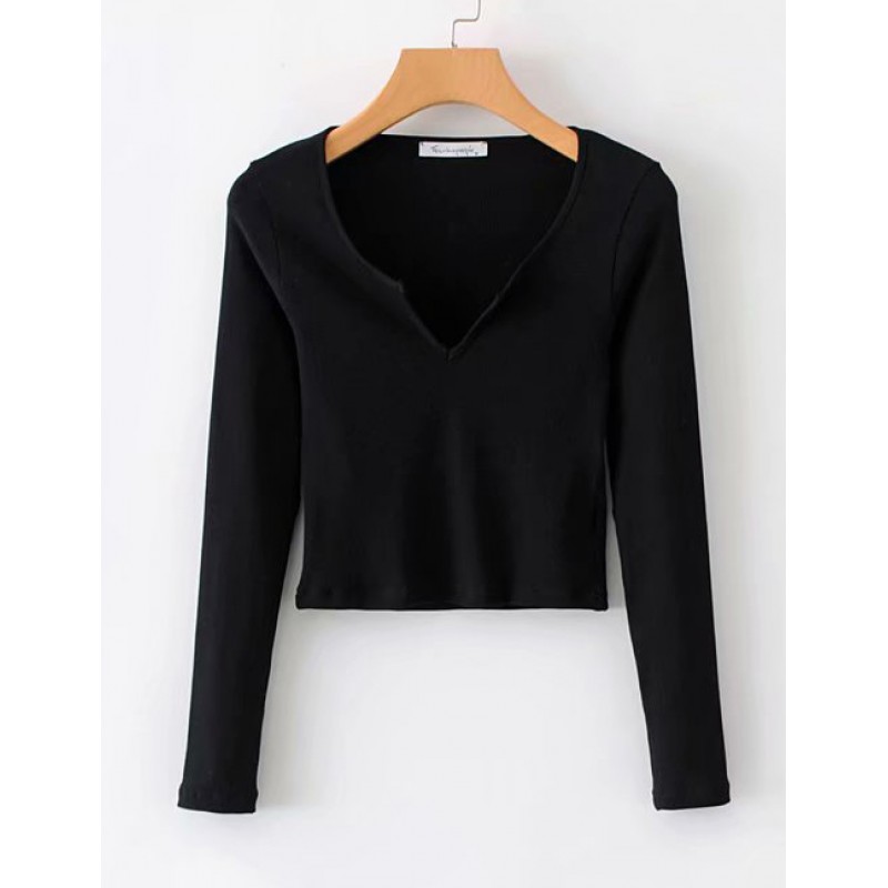 Fashion Black Pure Color Design Knitting Blouse