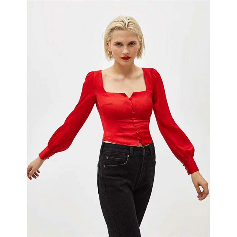 Fashion Red Pure Color Design Long Sleeves Blouse