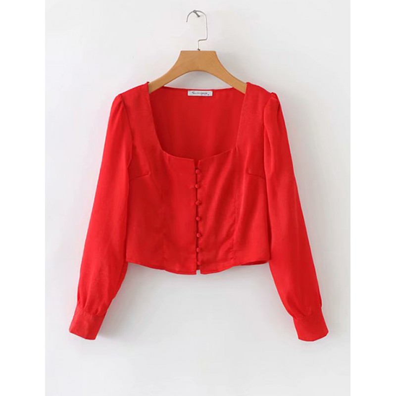 Fashion Red Pure Color Design Long Sleeves Blouse