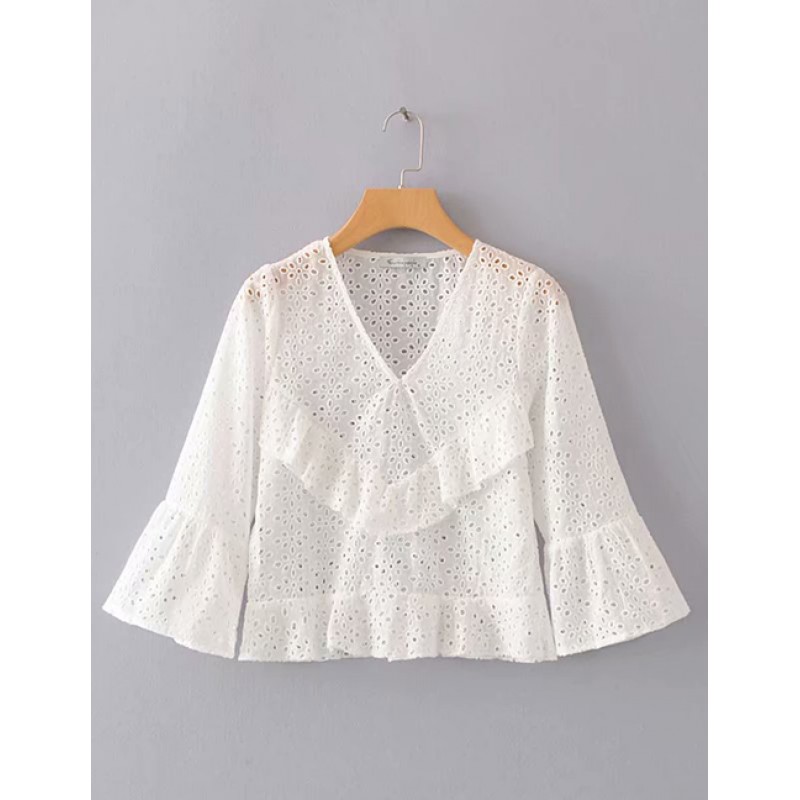 Fashion White Hollow Out Design V Neckline Blouse