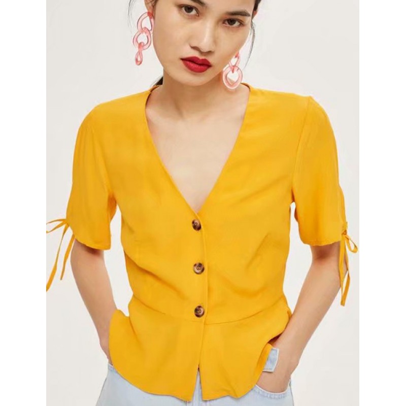 Fashion Yellow V Neckline Design Pure Color Blouse